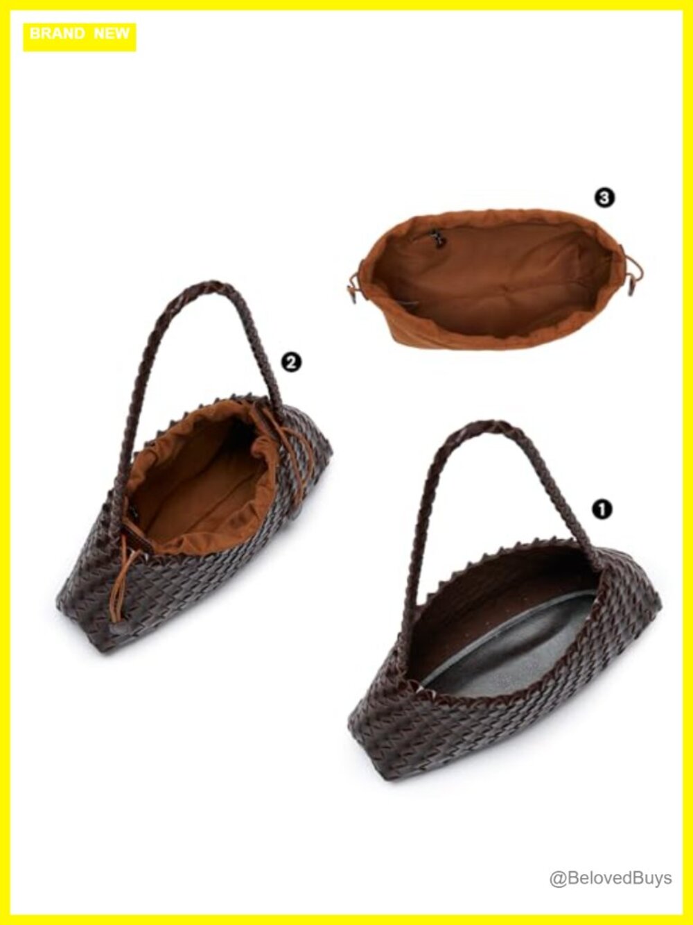 Woven Vegan Leather Shoulder Purse with Drawstring Pouch, Braided Strap Hobo - Picture 4 of 4